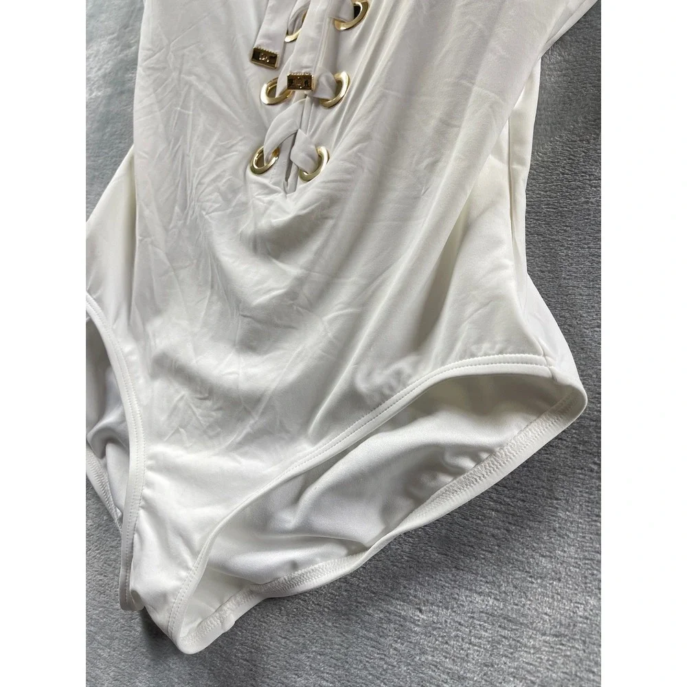 Michael Kors One Piece Swimsuit Women White NWT Lace Up Grommet Sz 16 $